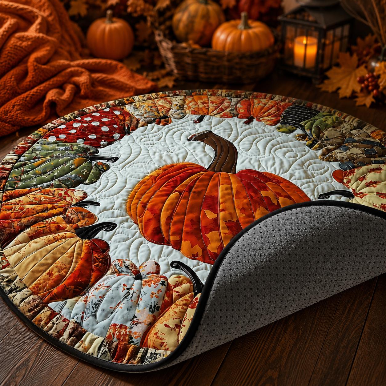 Round Pumpkin Rug, Fall Quilted Area Mat, Patchwork Thanksgiving Decor, Autumn Farmhouse Floor Decor, Halloween Home Gift