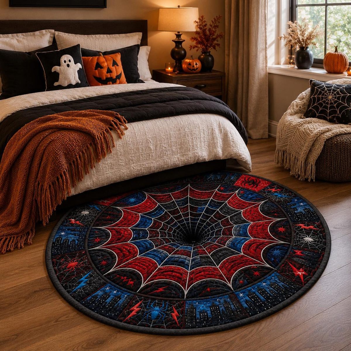 3D Spider Web Rug, Round Red Blue Black Area Rug, Optical Illusion Floor Mat, Superhero Inspired Comic Room Decor