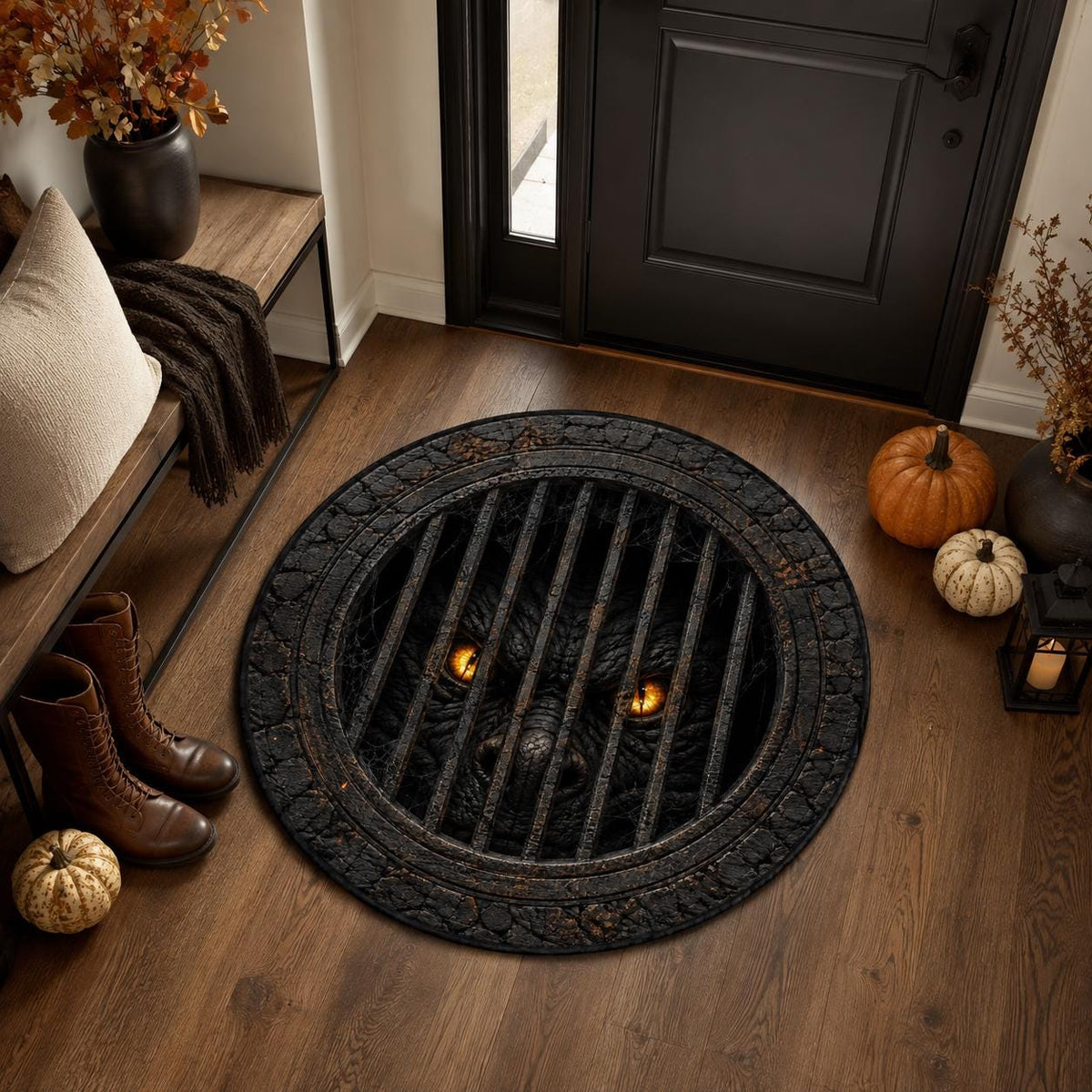 3D Monster Rug, Sewer Grate Floor Mat, Round Horror Area Rug, Gothic Halloween Decor