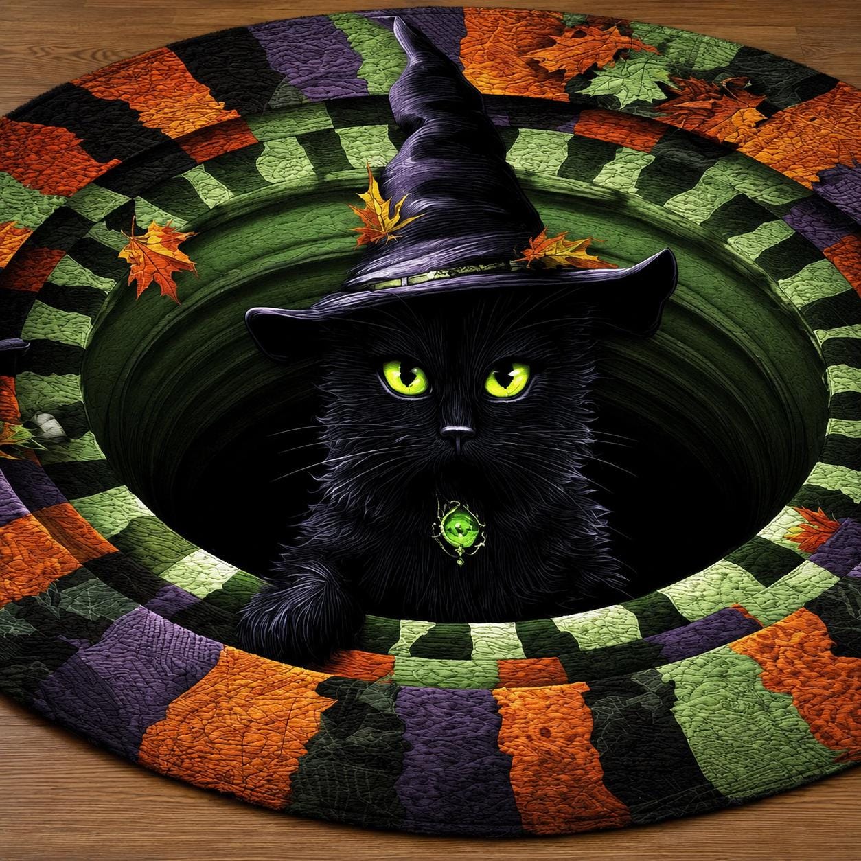Black Cat Witch 3D Illusion Rug, Halloween Round Area Rug, Witch Hat Cat Floor Mat, Spooky Gothic Home Decor, Pumpkin Season Rug