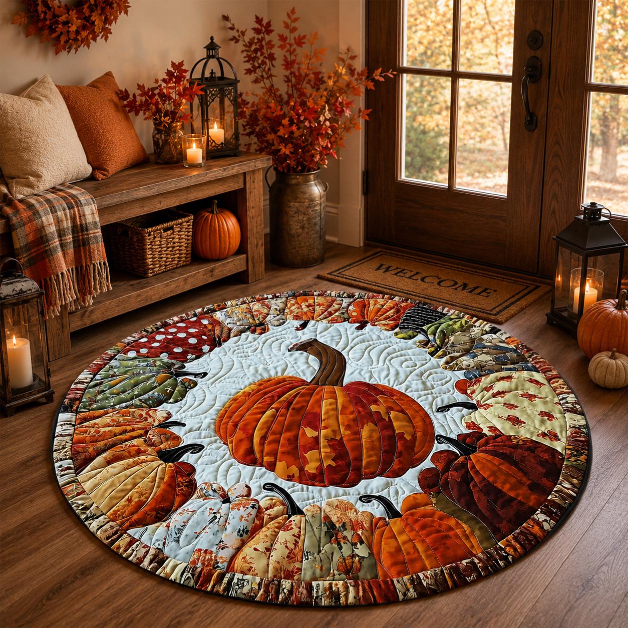 Round Pumpkin Rug, Fall Quilted Area Mat, Patchwork Thanksgiving Decor, Autumn Farmhouse Floor Decor, Halloween Home Gift