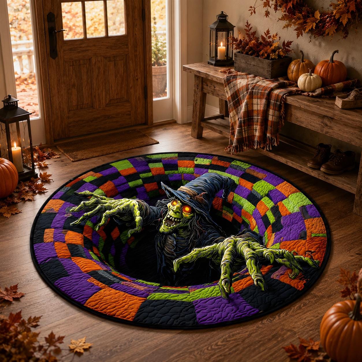 3D Witch Halloween Round Rug, Spooky Haunted House Floor Mat, Creepy Decor