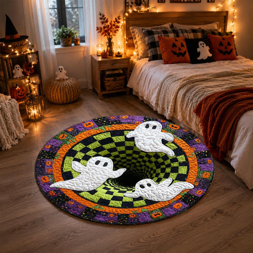 3D Ghost Halloween Rug, Round Spooky Area Rug, Green Black Checkerboard Floor Mat, Hot Haunted House Decor
