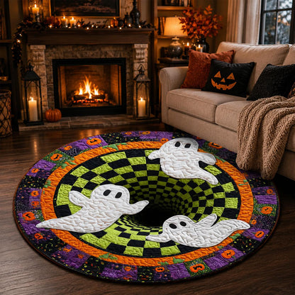 3D Ghost Halloween Rug, Round Spooky Area Rug, Green Black Checkerboard Floor Mat, Hot Haunted House Decor