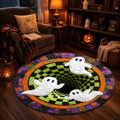 3D Ghost Halloween Rug, Round Spooky Area Rug, Green Black Checkerboard Floor Mat, Hot Haunted House Decor