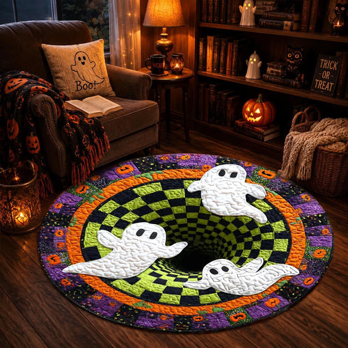 3D Ghost Halloween Rug, Round Spooky Area Rug, Green Black Checkerboard Floor Mat, Hot Haunted House Decor