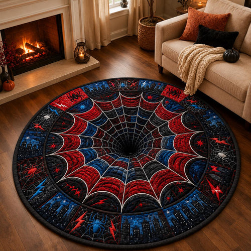3D Spider Web Rug, Round Red Blue Black Area Rug, Optical Illusion Floor Mat, Superhero Inspired Comic Room Decor