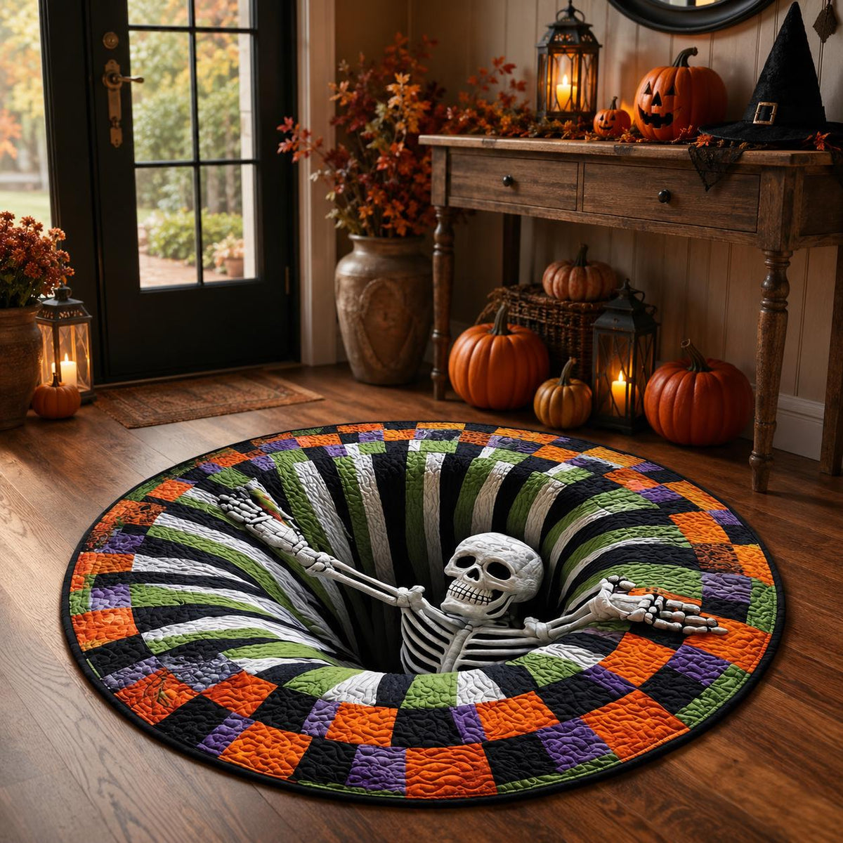 3D Skeleton Halloween Rug, Round Spooky Area Rug, Optical Illusion Floor Mat, Creepy Haunted House Decor