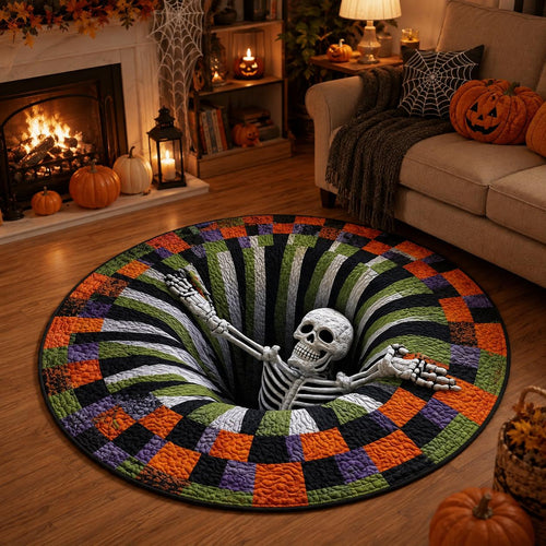 3D Skeleton Halloween Rug, Round Spooky Area Rug, Optical Illusion Floor Mat, Creepy Haunted House Decor