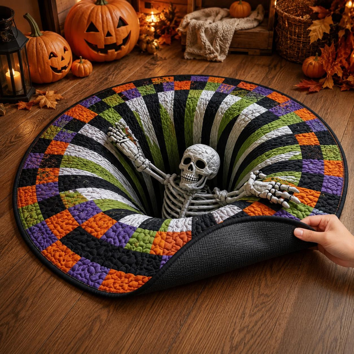 3D Skeleton Halloween Rug, Round Spooky Area Rug, Optical Illusion Floor Mat, Creepy Haunted House Decor