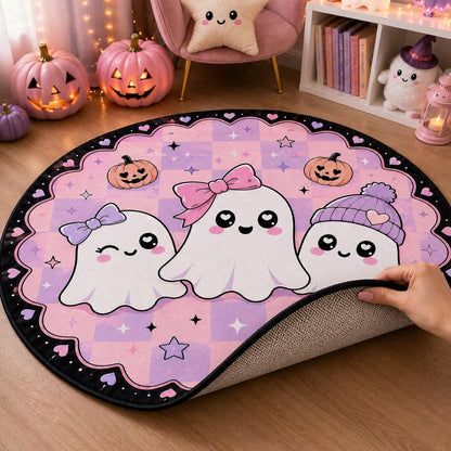 Cute Ghost Halloween Rug, Pink Round Area Rug, Kawaii Pumpkin Floor Mat, Pastel Spooky Bedroom Decor