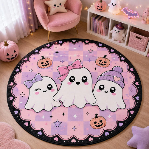 Cute Ghost Halloween Rug, Pink Round Area Rug, Kawaii Pumpkin Floor Mat, Pastel Spooky Bedroom Decor