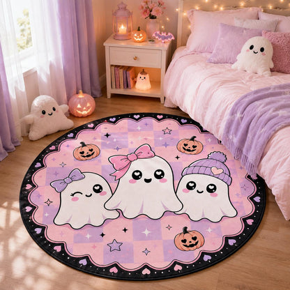 Cute Ghost Halloween Rug, Pink Round Area Rug, Kawaii Pumpkin Floor Mat, Pastel Spooky Bedroom Decor