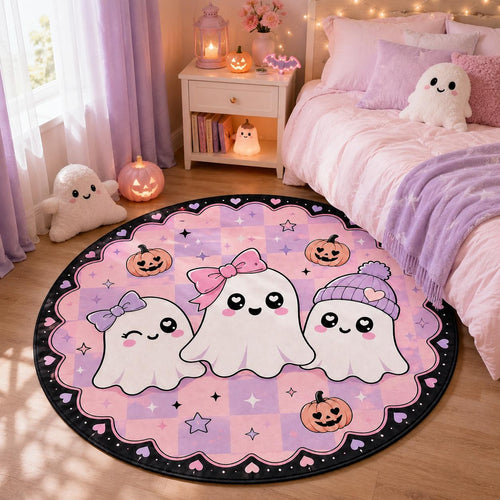 Cute Ghost Halloween Rug, Pink Round Area Rug, Kawaii Pumpkin Floor Mat, Pastel Spooky Bedroom Decor