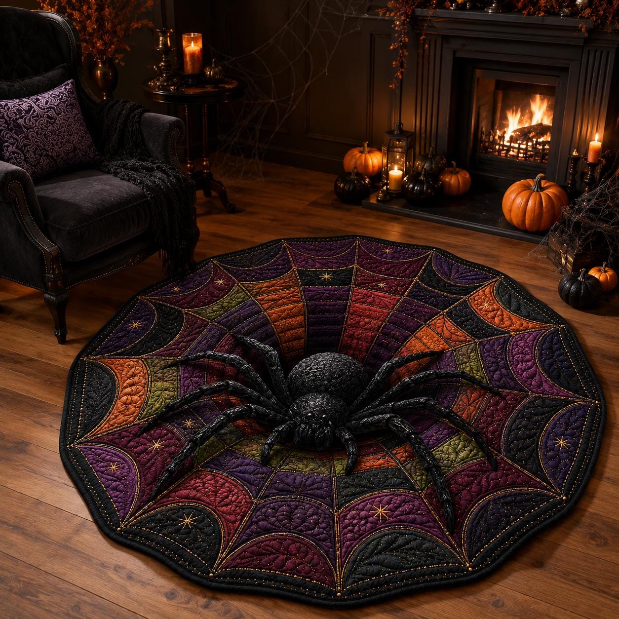 3D Spider Web Halloween Rug, Round Spider Illusion Floor Mat, Gothic Haunted Decor