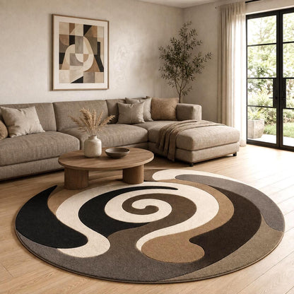 Abstract Swirl Round Rug, Modern Brown Beige Area Rug, Mid Century Living Room Decor, Neutral Minimalist Floor Mat