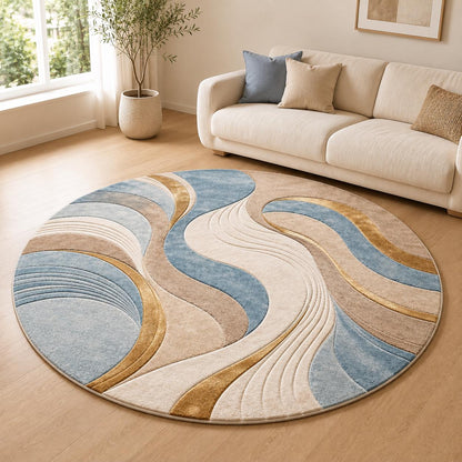 Abstract Wave Round Rug, Modern Blue Beige Gold Area Rug, Contemporary Living Room Floor Decor, Minimalist Home Accent