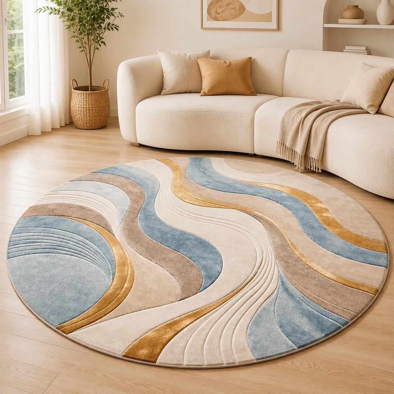 Abstract Wave Round Rug, Modern Blue Beige Gold Area Rug, Contemporary Living Room Floor Decor, Minimalist Home Accent