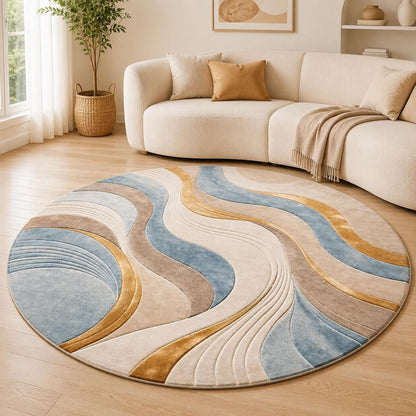 Abstract Wave Round Rug, Modern Blue Beige Gold Area Rug, Contemporary Living Room Floor Decor, Minimalist Home Accent