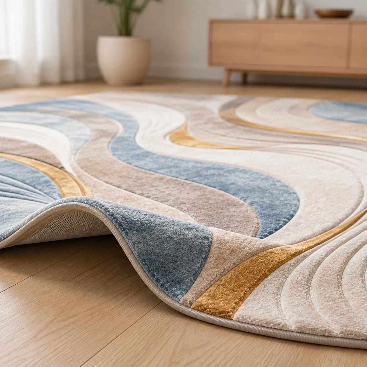 Abstract Wave Round Rug, Modern Blue Beige Gold Area Rug, Contemporary Living Room Floor Decor, Minimalist Home Accent