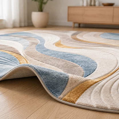 Abstract Wave Round Rug, Modern Blue Beige Gold Area Rug, Contemporary Living Room Floor Decor, Minimalist Home Accent