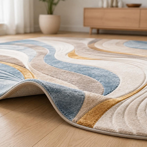 Abstract Wave Round Rug, Modern Blue Beige Gold Area Rug, Contemporary Living Room Floor Decor, Minimalist Home Accent
