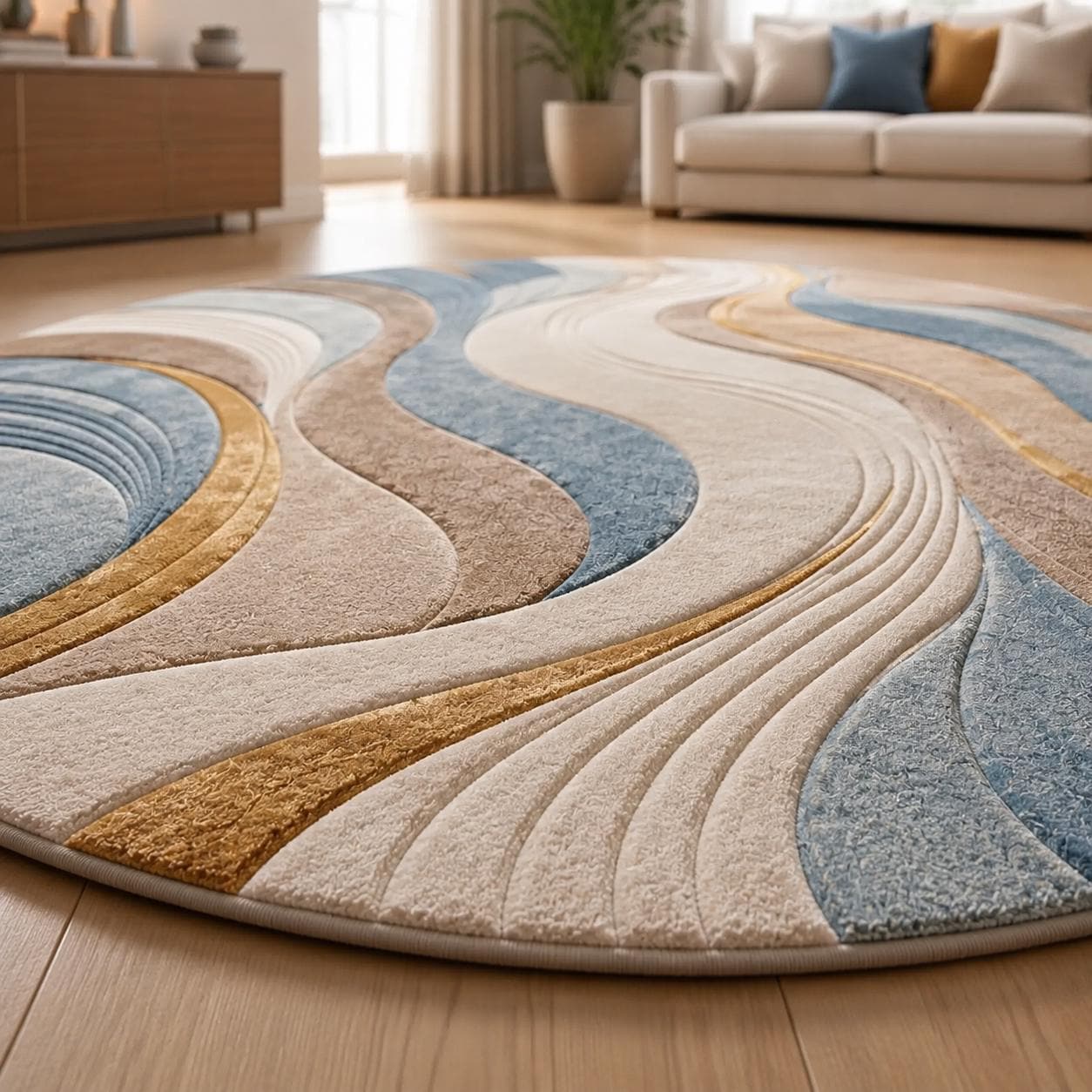 Abstract Wave Round Rug, Modern Blue Beige Gold Area Rug, Contemporary Living Room Floor Decor, Minimalist Home Accent