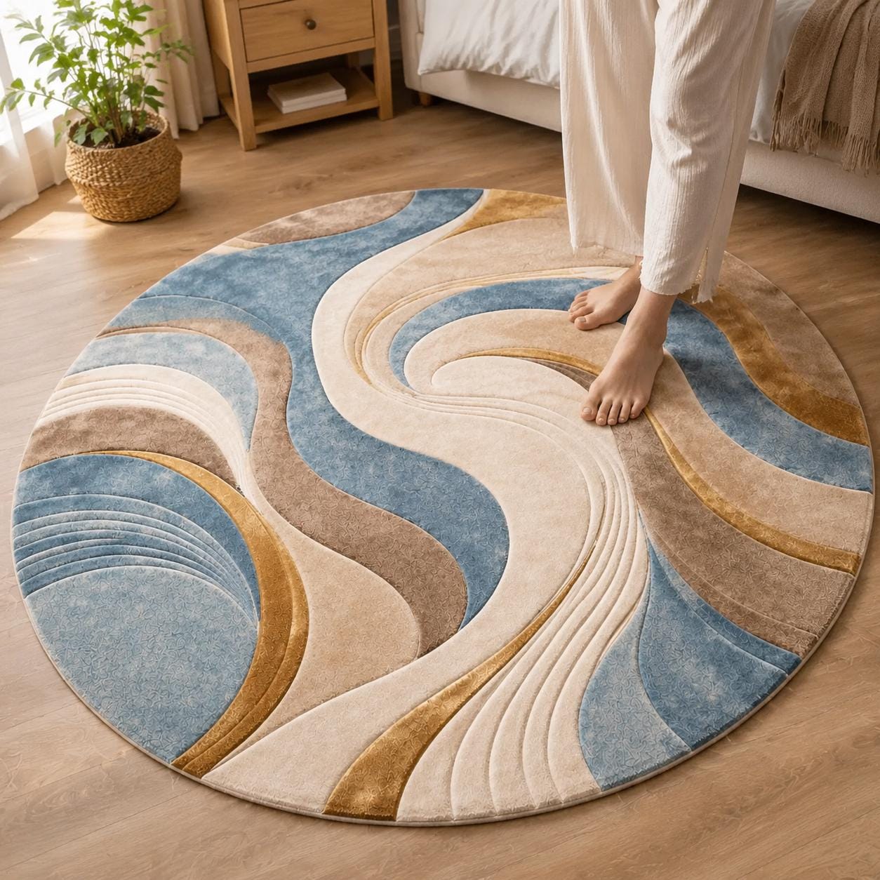 Abstract Wave Round Rug, Modern Blue Beige Gold Area Rug, Contemporary Living Room Floor Decor, Minimalist Home Accent