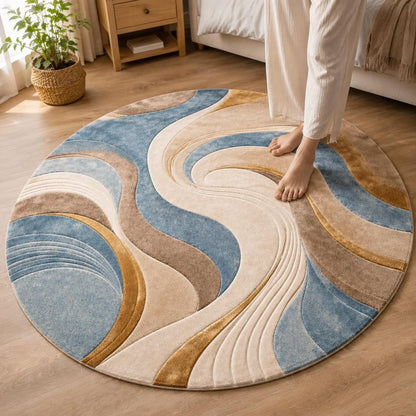 Abstract Wave Round Rug, Modern Blue Beige Gold Area Rug, Contemporary Living Room Floor Decor, Minimalist Home Accent
