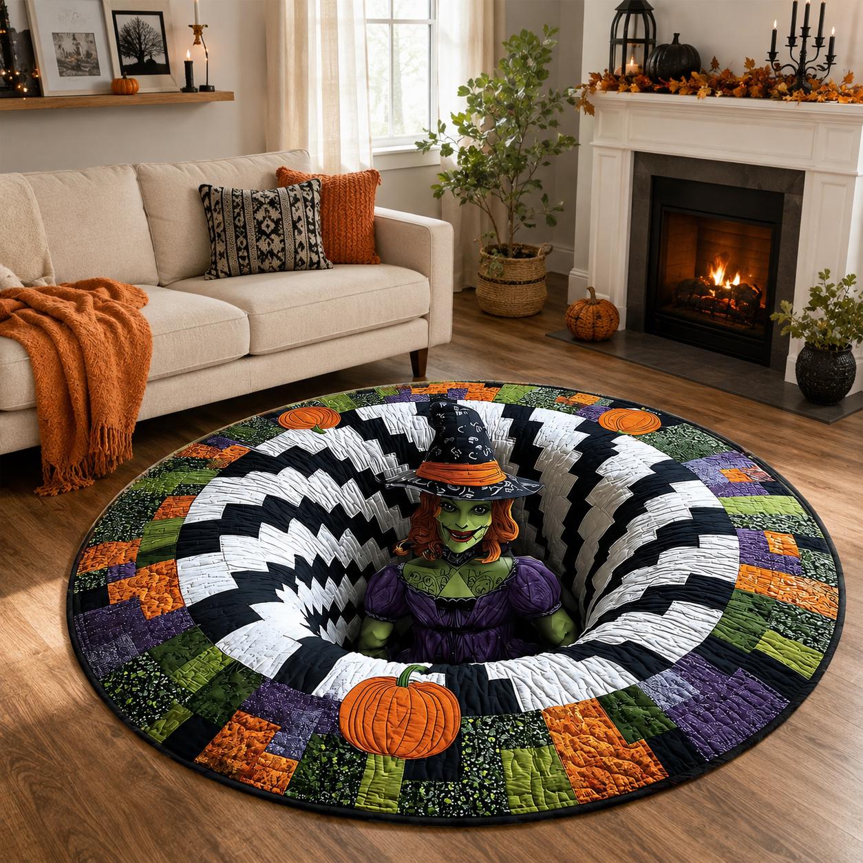 Halloween Witch 3D Illusion Round Rug, Spooky Spiral Tunnel Floor Mat, Gothic Decor, Creepy Witch Gift