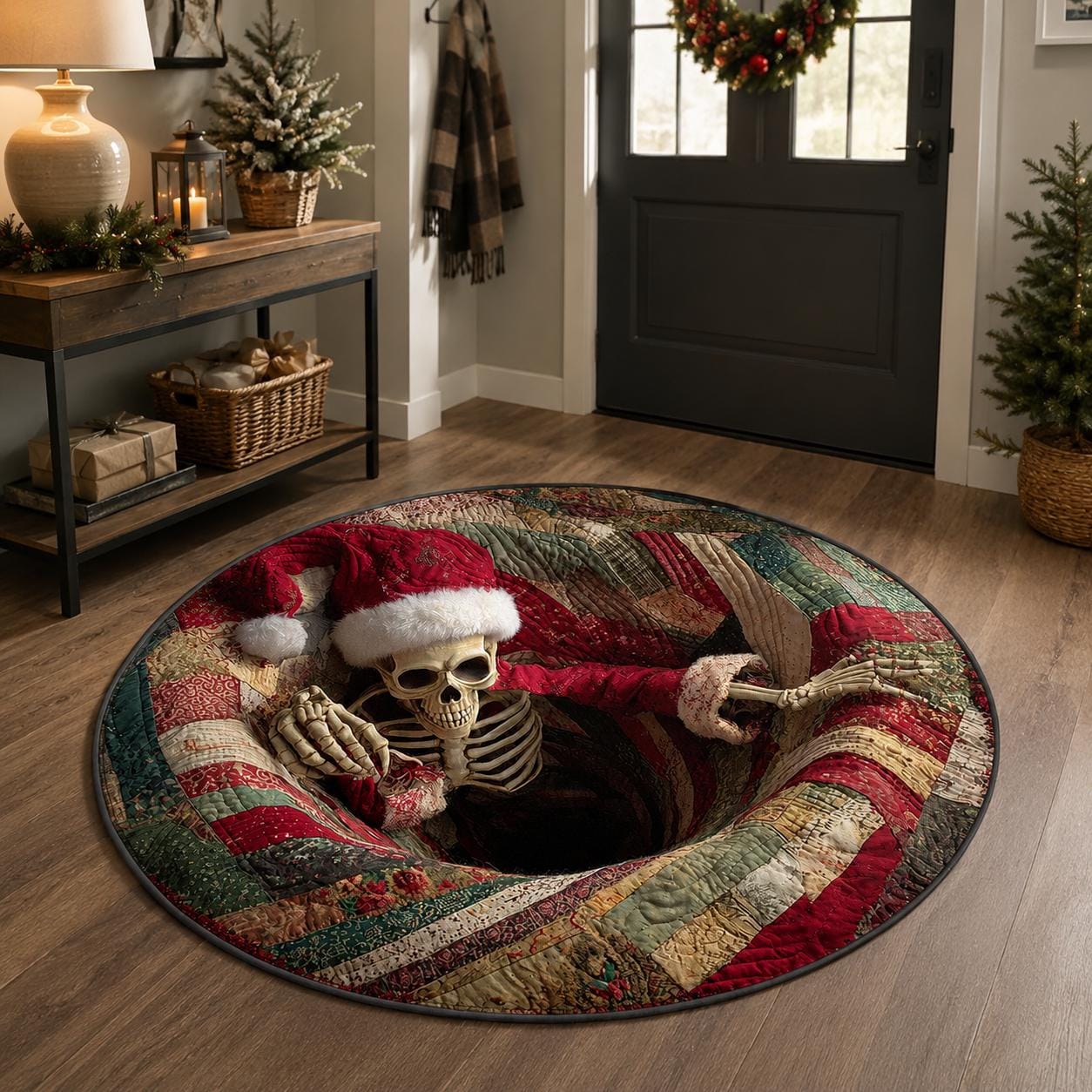 Christmas Skeleton Rug, Santa Skull 3D Illusion Round Mat, Creepy Gothic Holiday Decor, Spooky Xmas Gift