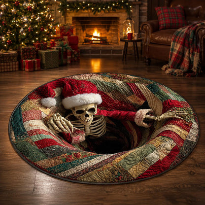 Christmas Skeleton Rug, Santa Skull 3D Illusion Round Mat, Creepy Gothic Holiday Decor, Spooky Xmas Gift
