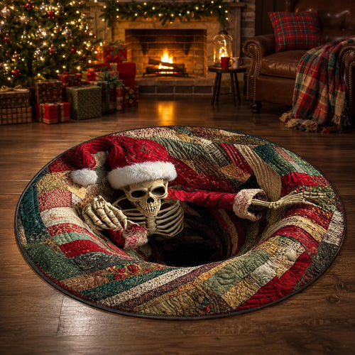 Christmas Skeleton Rug, Santa Skull 3D Illusion Round Mat, Creepy Gothic Holiday Decor, Spooky Xmas Gift