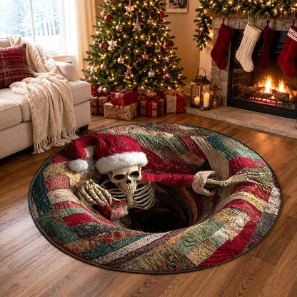 Christmas Skeleton Rug, Santa Skull 3D Illusion Round Mat, Creepy Gothic Holiday Decor, Spooky Xmas Gift