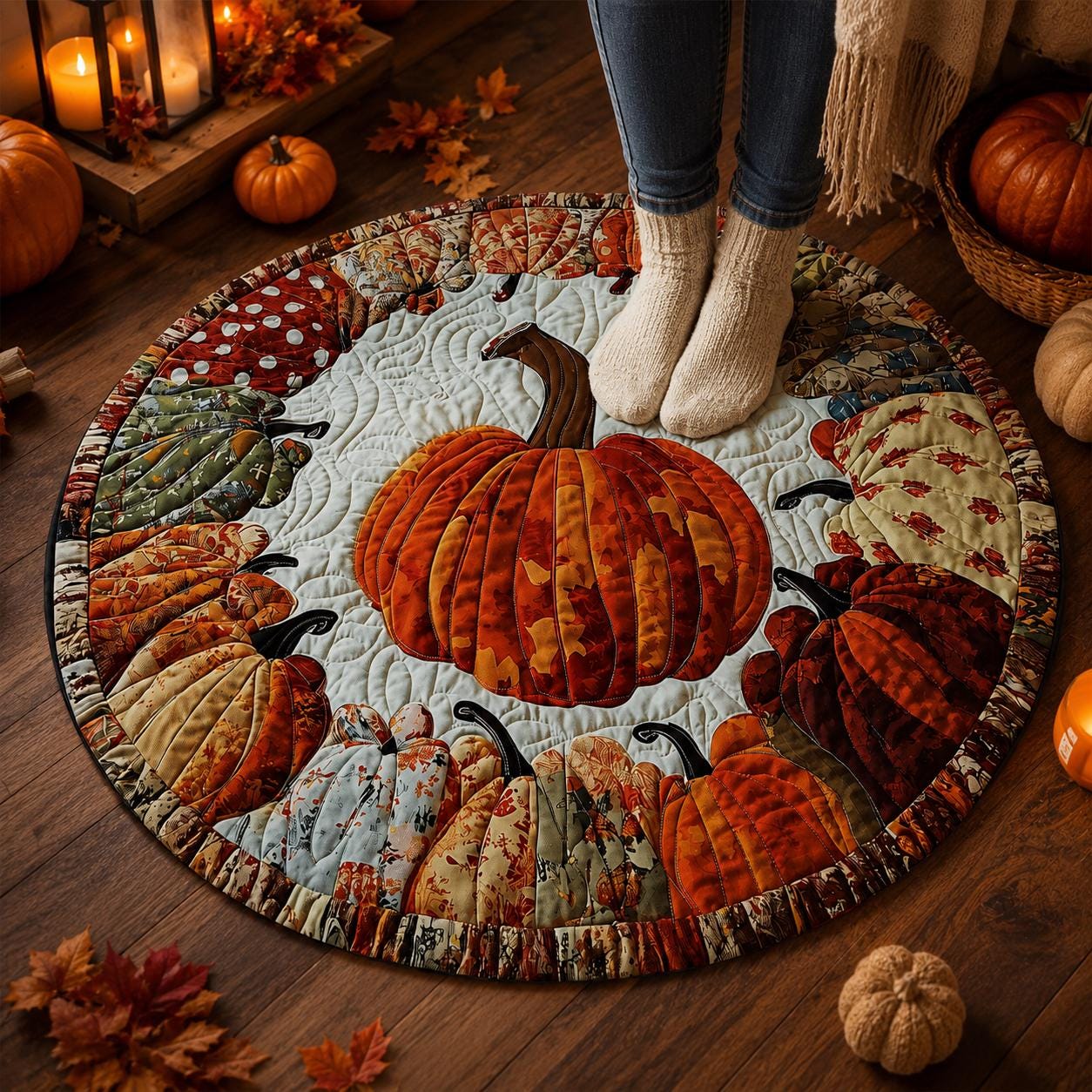 Round Pumpkin Rug, Fall Quilted Area Mat, Patchwork Thanksgiving Decor, Autumn Farmhouse Floor Decor, Halloween Home Gift