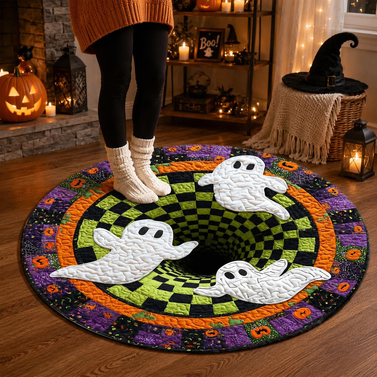 3D Ghost Halloween Rug, Round Spooky Area Rug, Green Black Checkerboard Floor Mat, Hot Haunted House Decor