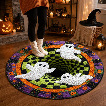 3D Ghost Halloween Rug, Round Spooky Area Rug, Green Black Checkerboard Floor Mat, Hot Haunted House Decor