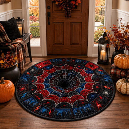 3D Spider Web Rug, Round Red Blue Black Area Rug, Optical Illusion Floor Mat, Superhero Inspired Comic Room Decor