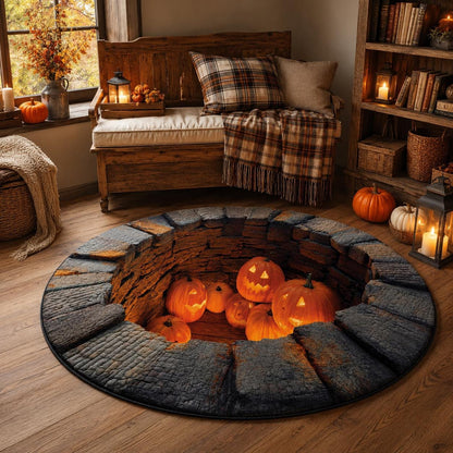 Halloween Pumpkin 3D Illusion Rug, Jack O Lantern Pit Round Rug, Spooky Well Floor Mat, Haunted House Decor