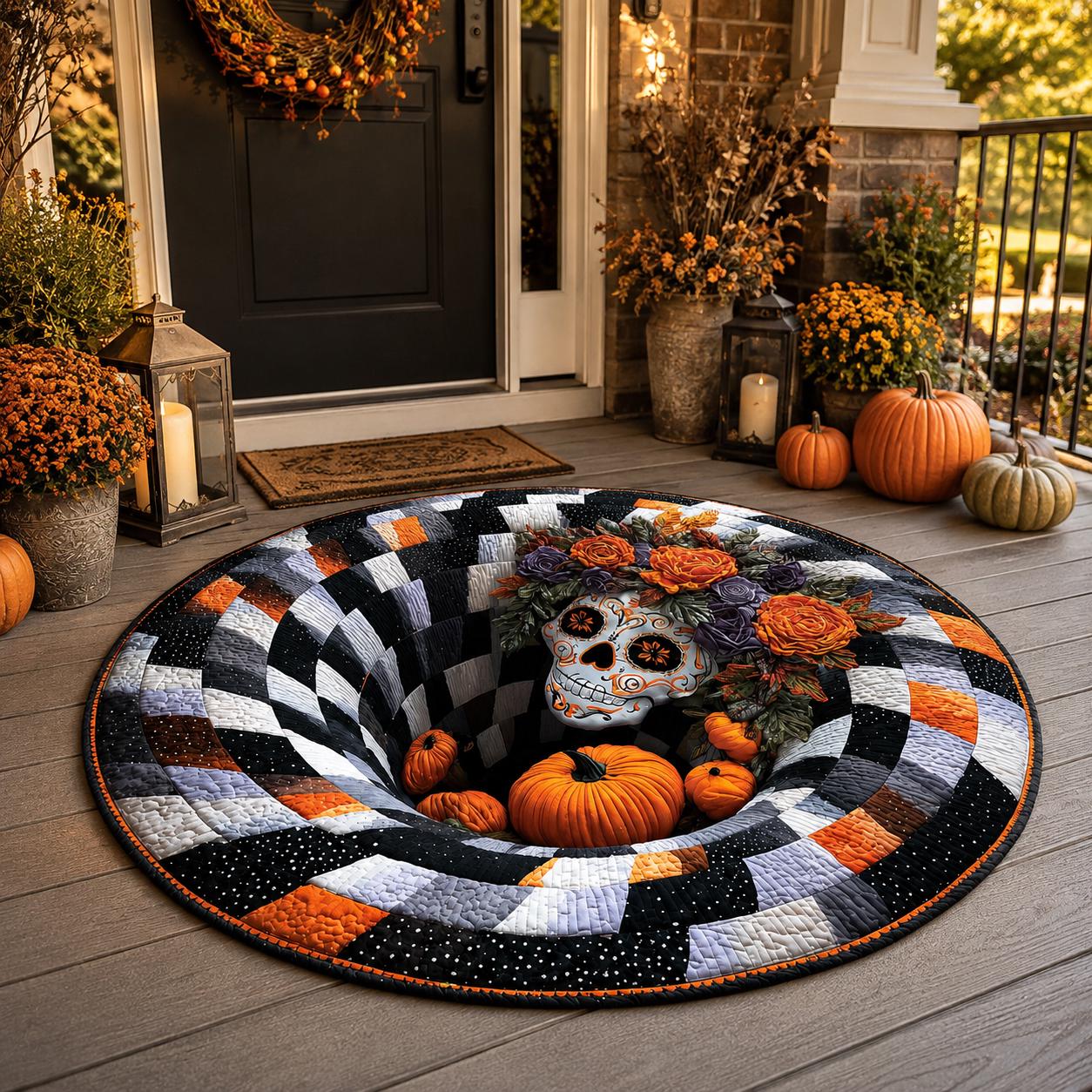 Sugar Skull 3D Illusion Rug, Halloween Floral Skull Round Rug, Pumpkin Checkerboard Area Rug, Spooky Gothic Home Decor, Optical Illusion Rug