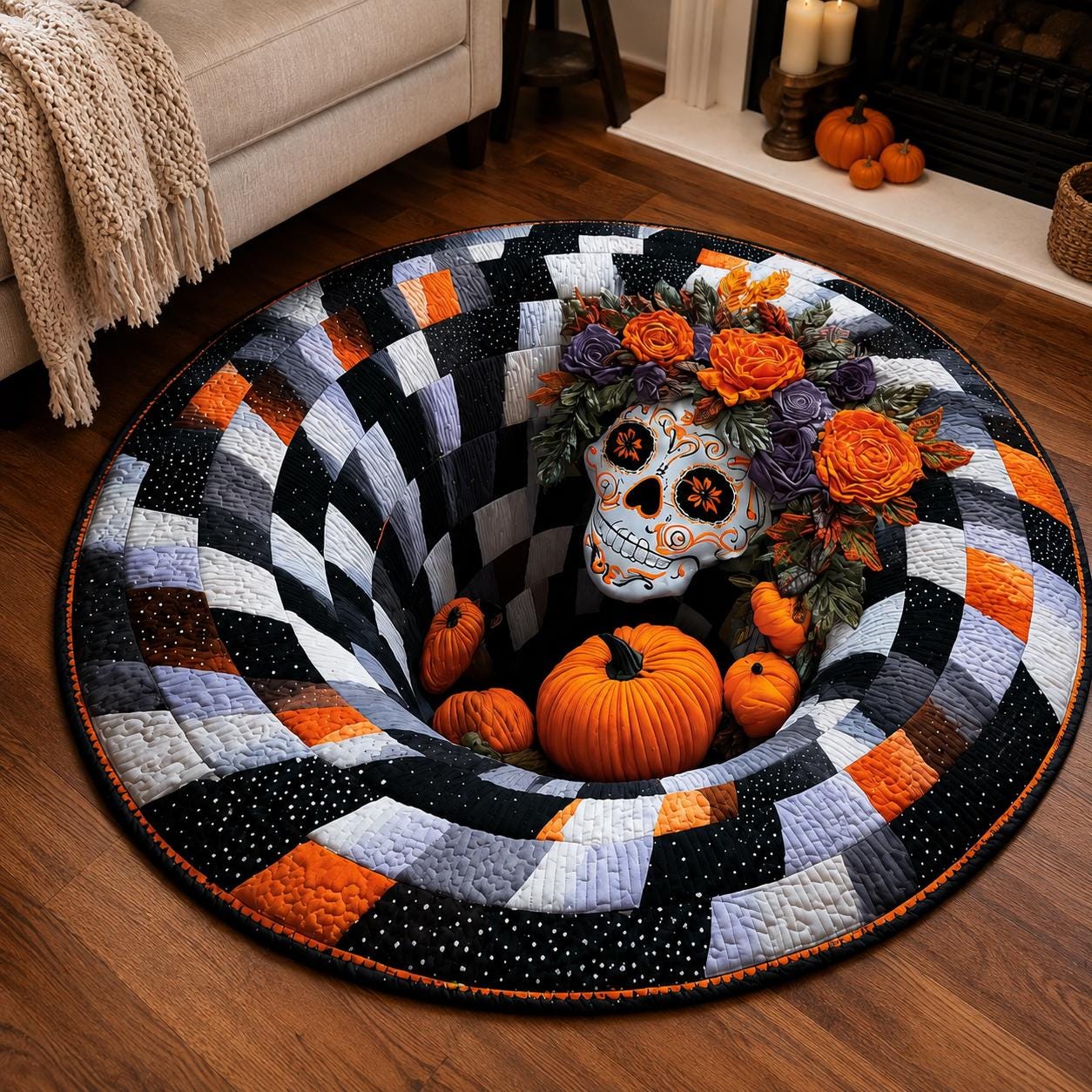 Sugar Skull 3D Illusion Rug, Halloween Floral Skull Round Rug, Pumpkin Checkerboard Area Rug, Spooky Gothic Home Decor, Optical Illusion Rug