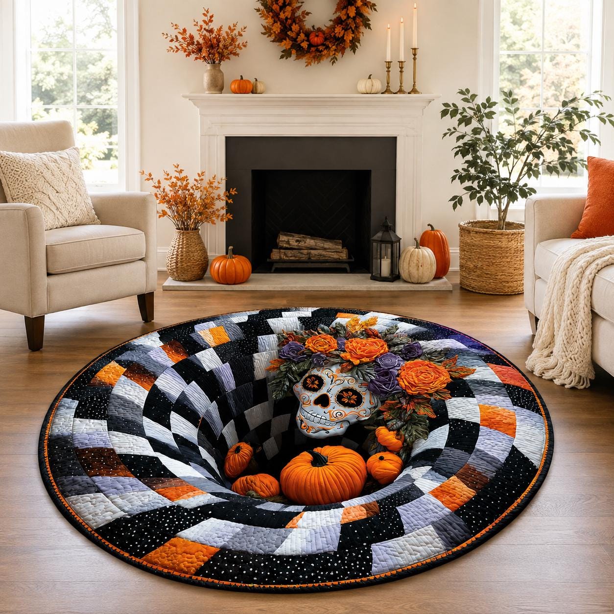 Sugar Skull 3D Illusion Rug, Halloween Floral Skull Round Rug, Pumpkin Checkerboard Area Rug, Spooky Gothic Home Decor, Optical Illusion Rug
