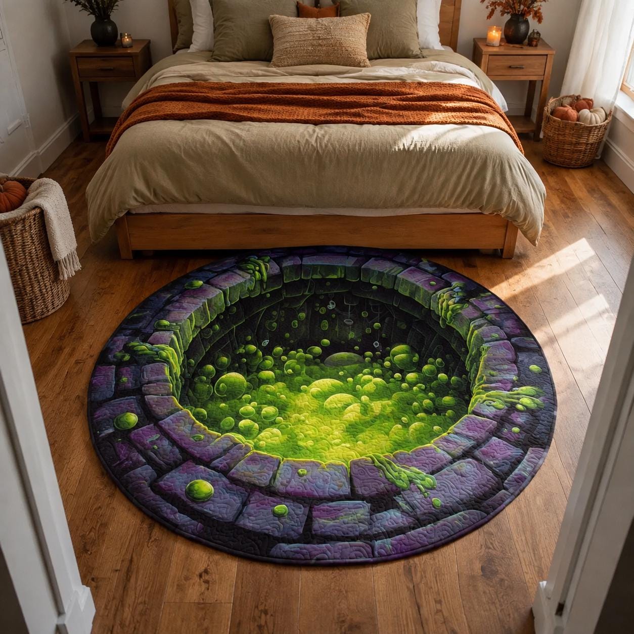 Halloween Slime Pit 3D Illusion Rug, Toxic Green Ooze Round Area Rug, Creepy Dungeon Floor Mat, Spooky Gothic Home Decor