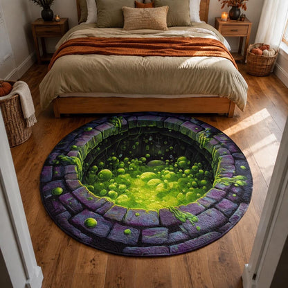 Halloween Slime Pit 3D Illusion Rug, Toxic Green Ooze Round Area Rug, Creepy Dungeon Floor Mat, Spooky Gothic Home Decor