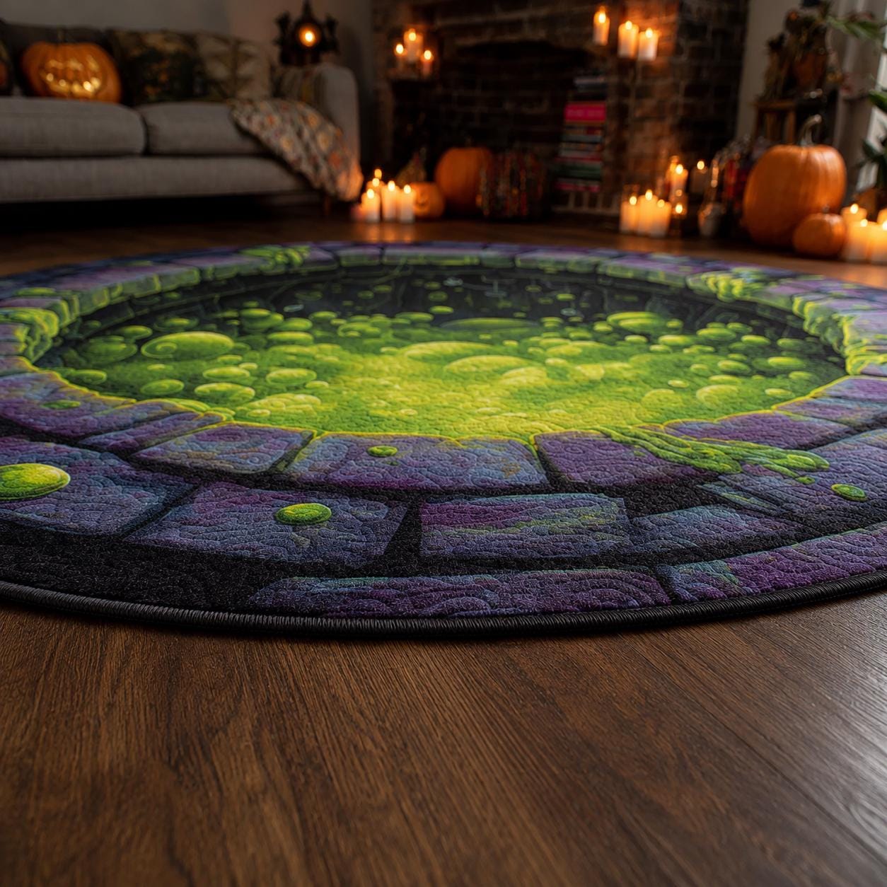 Halloween Slime Pit 3D Illusion Rug, Toxic Green Ooze Round Area Rug, Creepy Dungeon Floor Mat, Spooky Gothic Home Decor