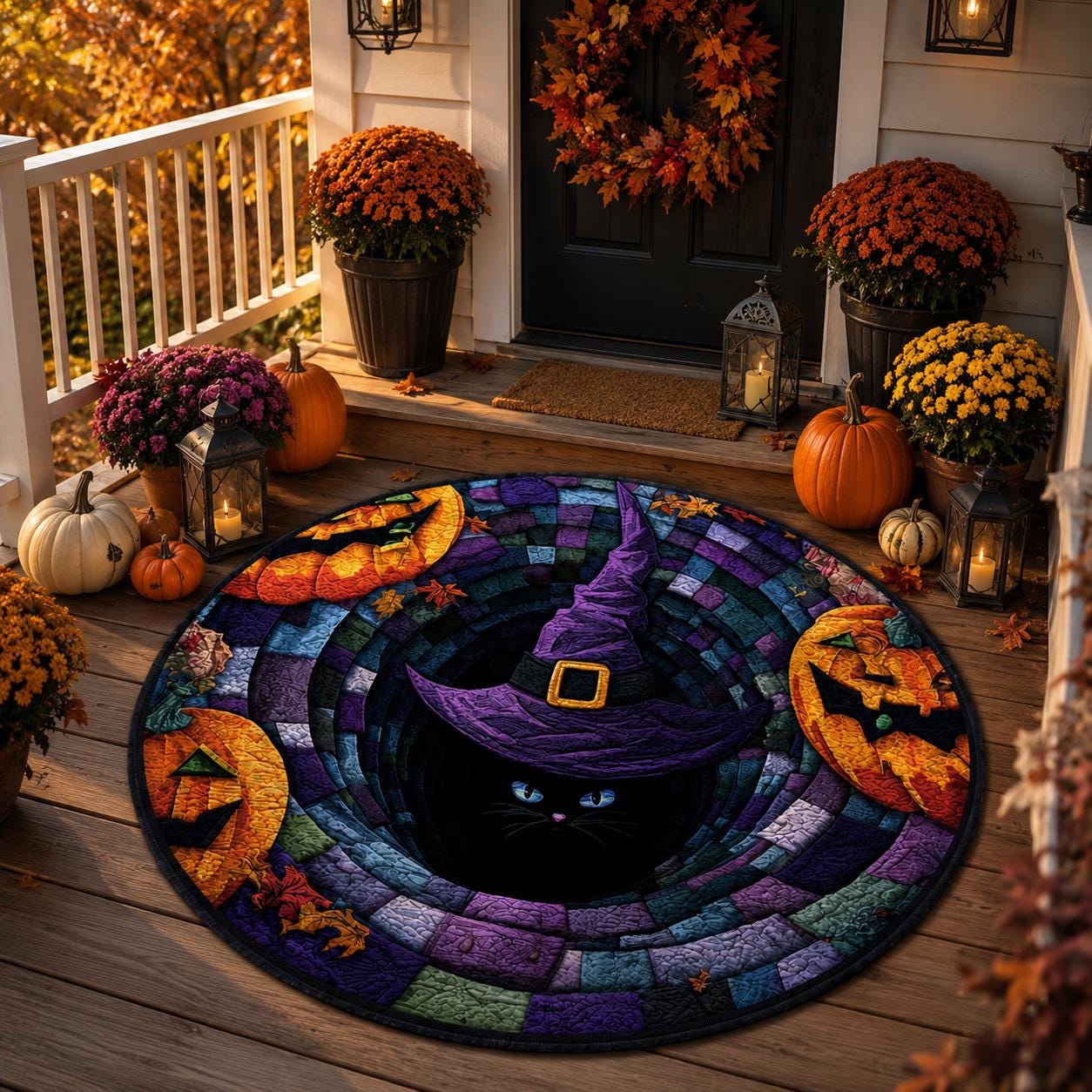 Black Cat Witch Halloween Round Rug, Spooky Gothic Home Decor, Optical Illusion Mat