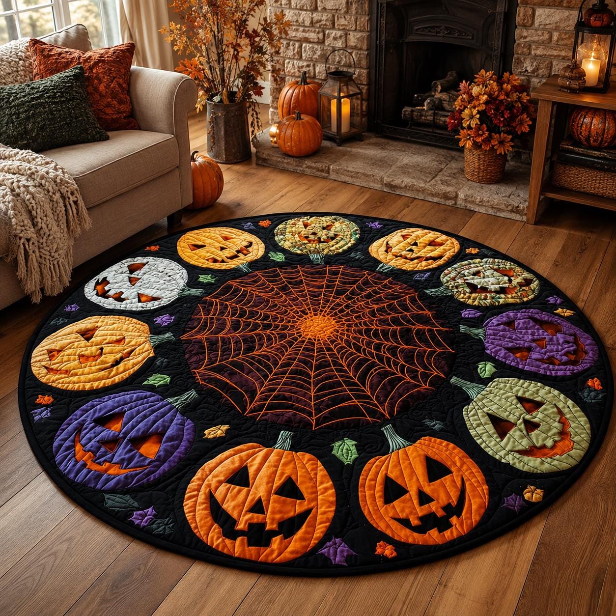 Halloween Pumpkin Round Rug, Jack O Lantern Spider Web Area Rug, Spooky Fall Floor Mat, Gothic Halloween Decor, Pumpkin Optical Illusion Rug