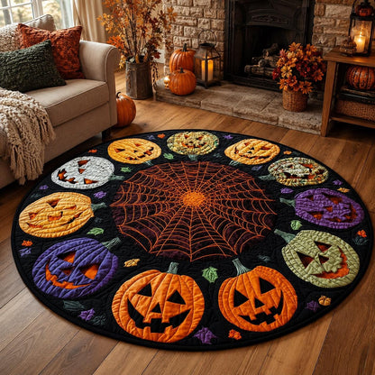 Halloween Pumpkin Round Rug, Jack O Lantern Spider Web Area Rug, Spooky Fall Floor Mat, Gothic Halloween Decor, Pumpkin Optical Illusion Rug