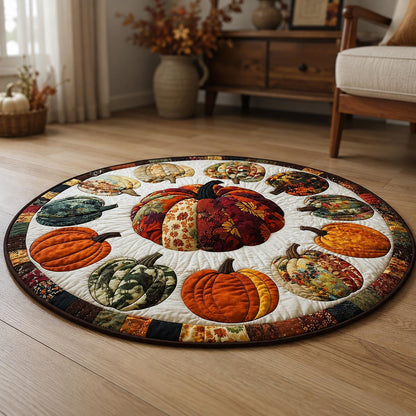 Fall Pumpkin Round Rug, Autumn Patchwork Area Rug, Thanksgiving Harvest Floor Mat, Rustic Farmhouse Pumpkin Decor, Quilted Style Rug