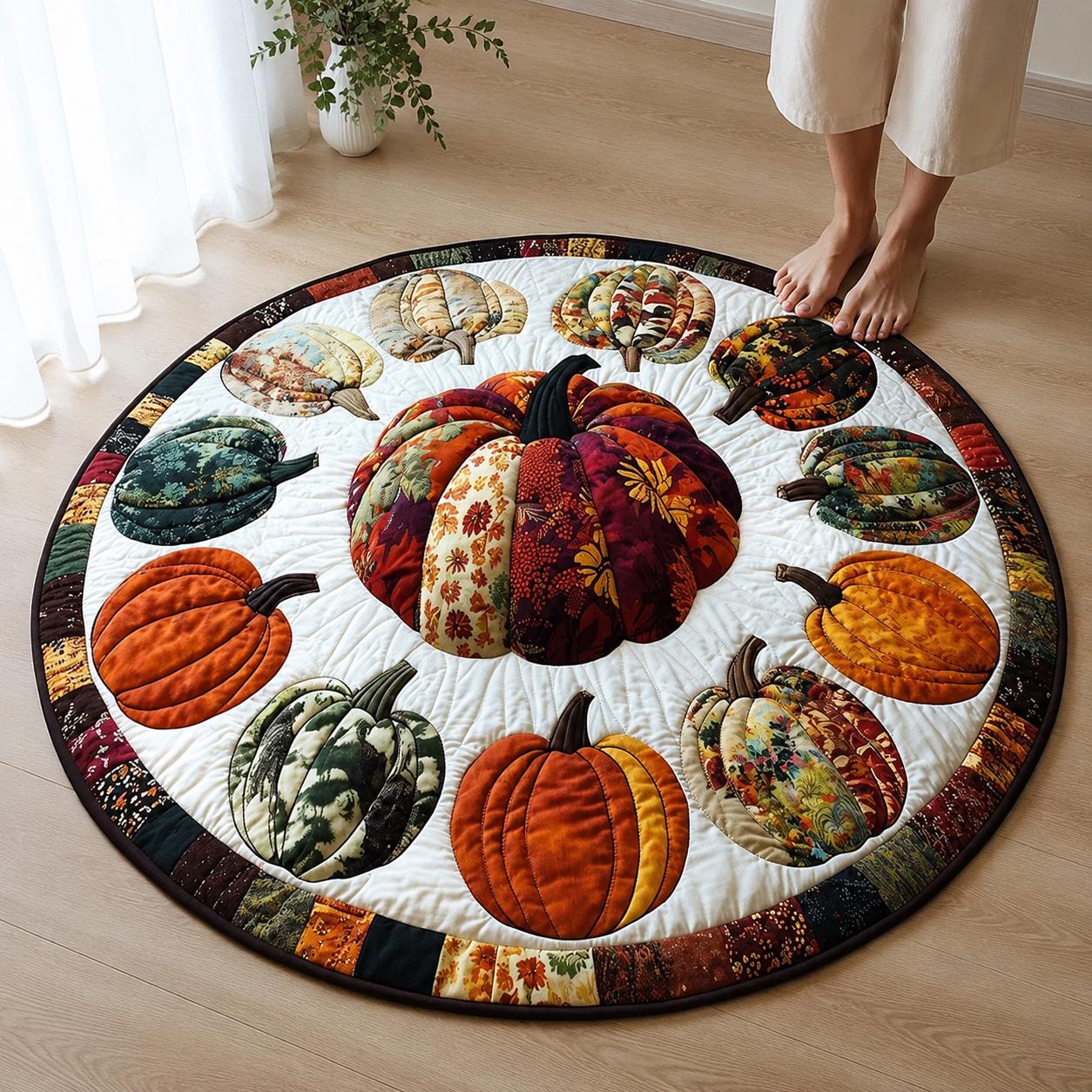 Fall Pumpkin Round Rug, Autumn Patchwork Area Rug, Thanksgiving Harvest Floor Mat, Rustic Farmhouse Pumpkin Decor, Quilted Style Rug